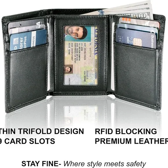 Sophisticated RFID Blocking Trifold Wallet - Extra Capacity & Elegant Gift Box